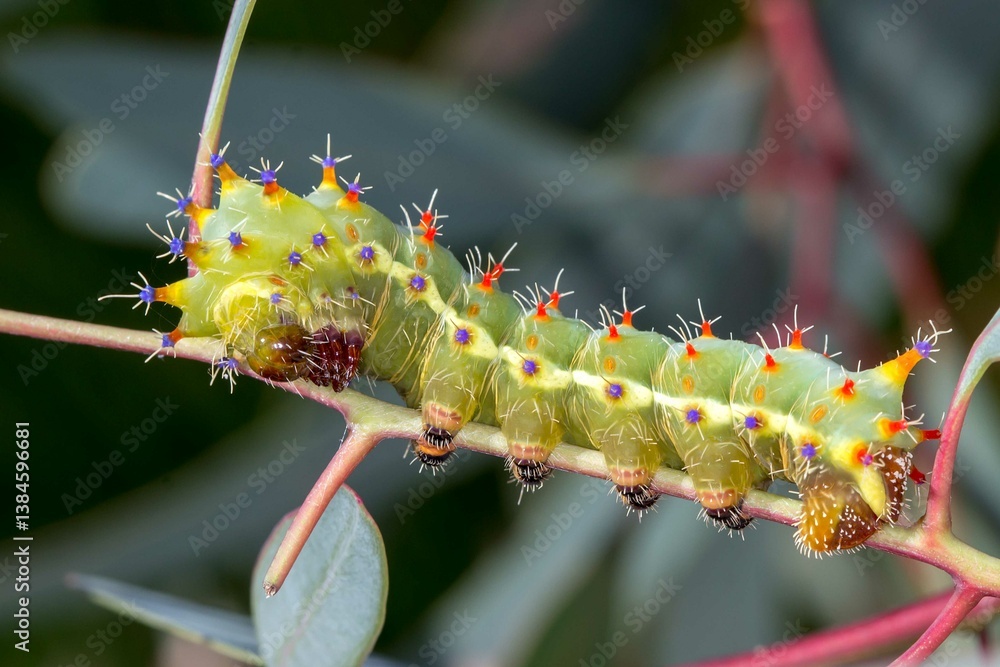 Naklejka premium Emperor Gum Moth caterpillar - Opodiphthera eucalypti - Colorful Caterpillar