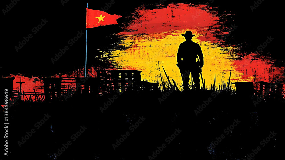 Fototapeta premium A lone cowboy stands silhouetted with a flag and fiery backdrop