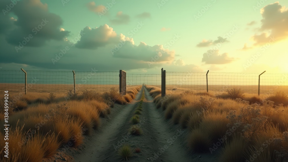 Fototapeta premium Rural fence in dry grassy field with sunset light and dramatic clouds in the sky 