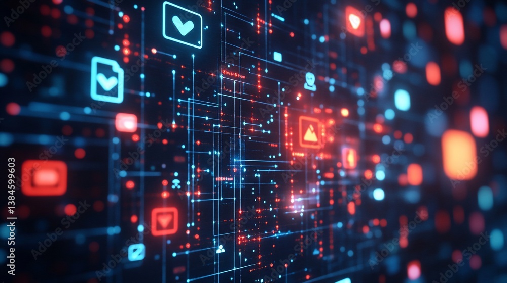 Abstract digital network with glowing icons and interconnected data streams Abstract digital network with glowing icons and interconnected data streams