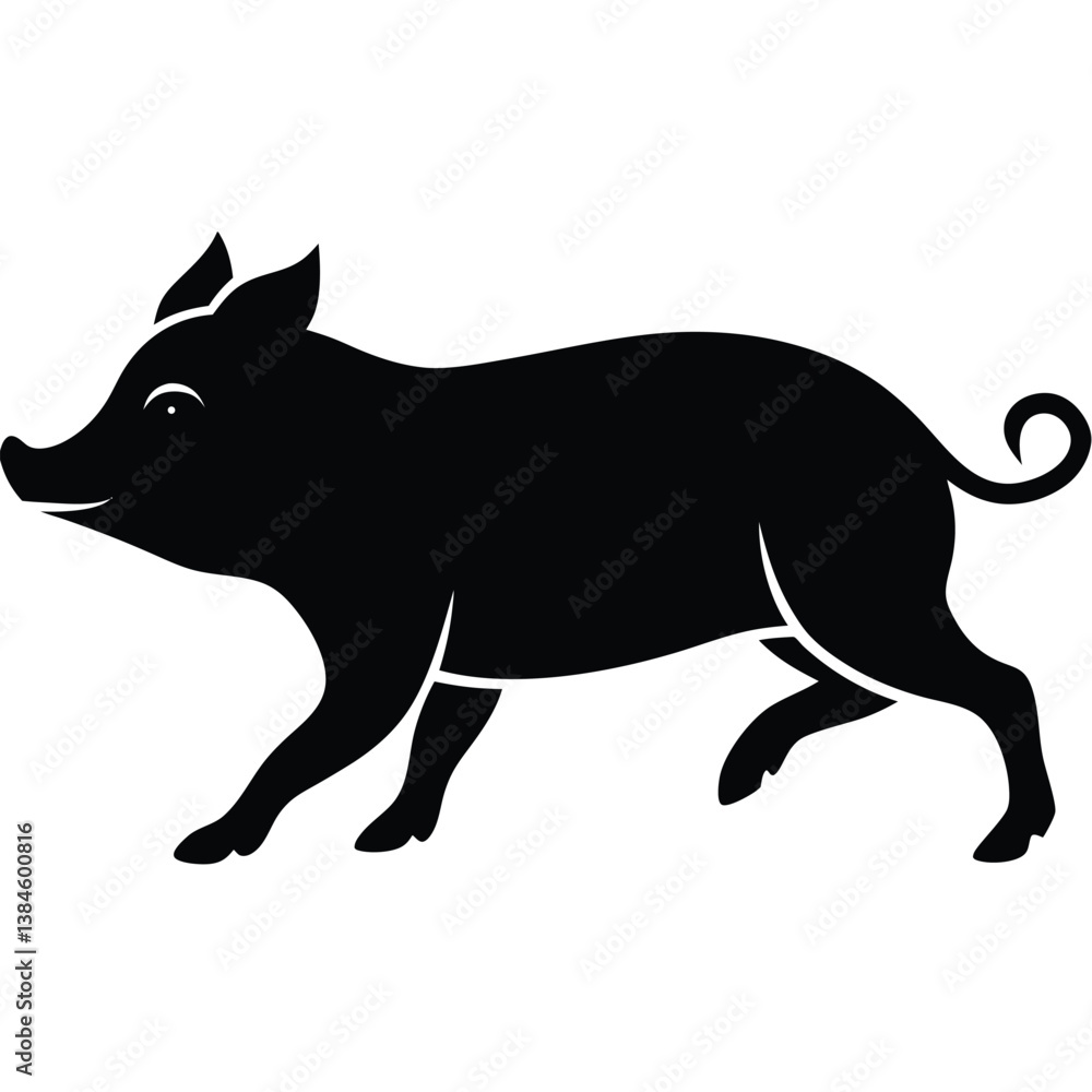 Black Silhouette Of A Piglet Walking Isolated On White Background Image. Black Silhouette Of A Piglet Walking Isolated On White Background Image.