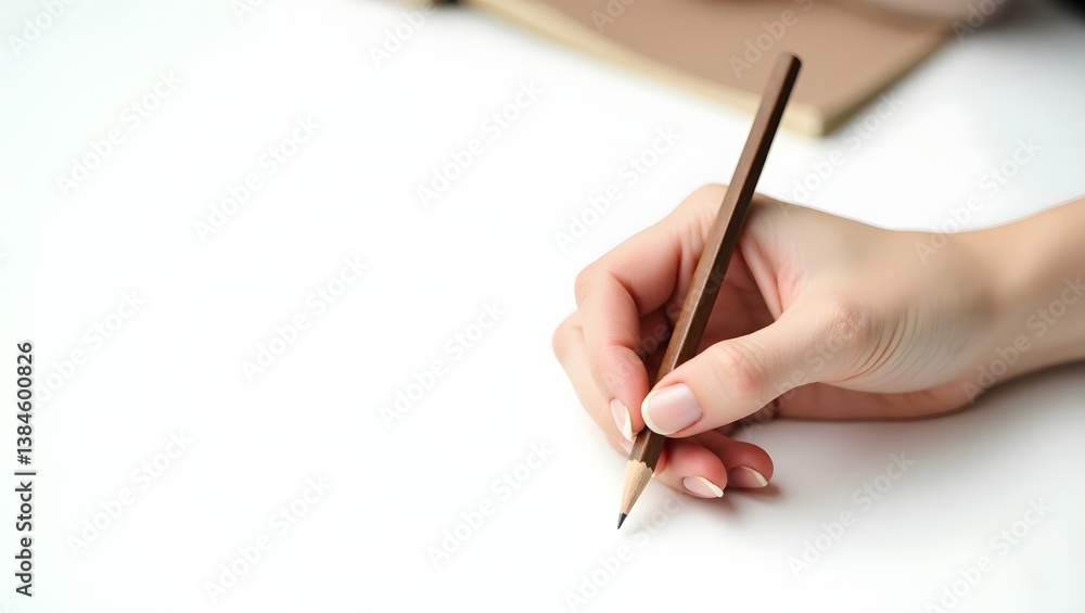 Elegant hand holding a wooden pencil over white paper, ready to write or sketch with precision and care. Elegant hand holding a wooden pencil over white paper, ready to write or sketch with precision and care.