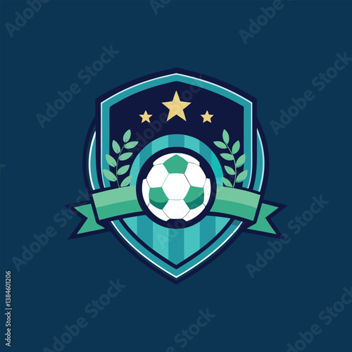 Shield soccer ball laurel stars ribbon dark blueteal vector 