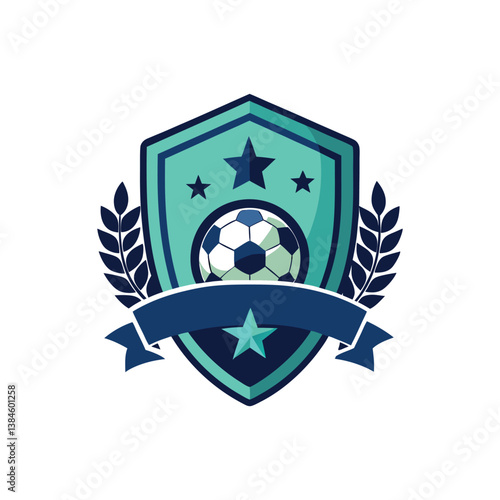 Shield soccer ball laurel stars ribbon dark blueteal vector 
