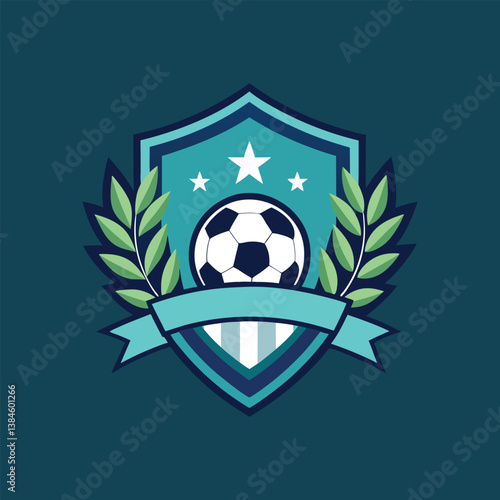 Shield soccer ball laurel stars ribbon dark blueteal vector 