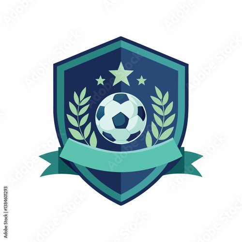 Shield soccer ball laurel stars ribbon dark blueteal vector 