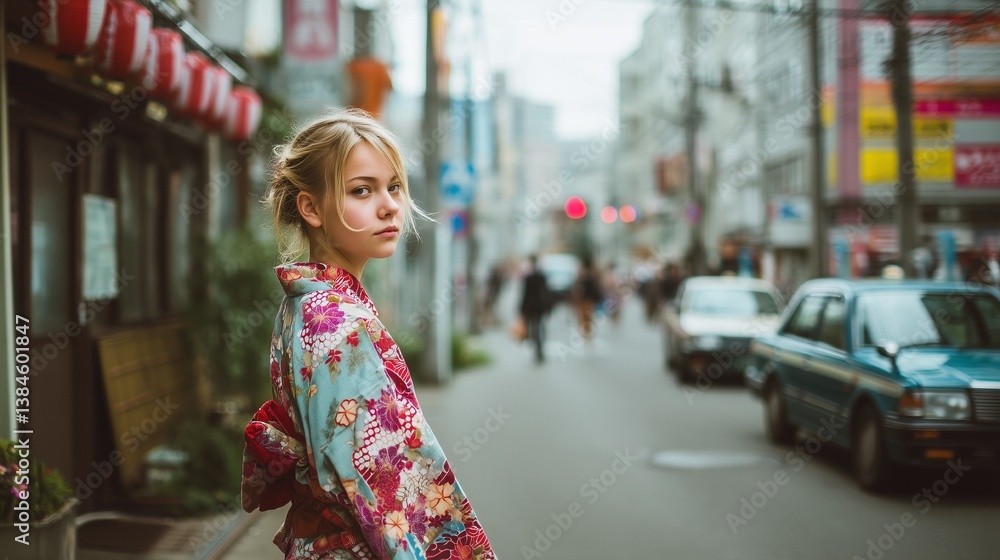 Fototapeta premium 夕暮れの日本の都市を歩く着物姿の女性の後ろ姿 観光体験 和服スタイルと町並みの美しさをリアルに描いた高画質写真素材 コンテンツ向け
