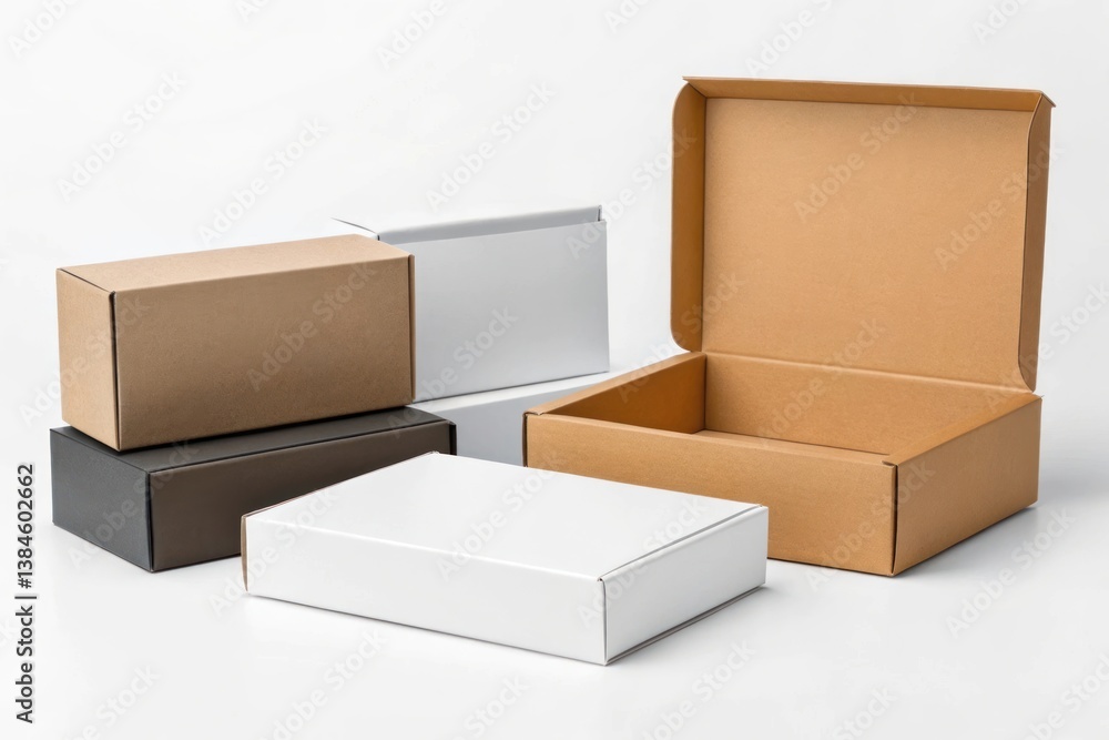 Set of cardboard packaging boxes in different colors. Blank mockup for branding and delivery concept Set of cardboard packaging boxes in different colors. Blank mockup for branding and delivery concept