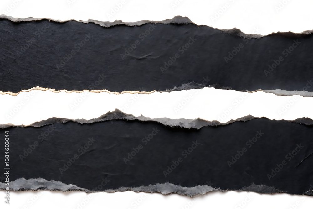 Ripped black paper strips with torn edges isolated on white, ideal for scrapbook, texture or background use Ripped black paper strips with torn edges isolated on white, ideal for scrapbook, texture or background use