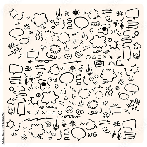 Hand drawn line doodle expression elements with doodle style drawing background cream