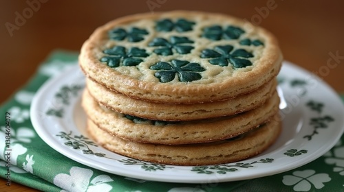 Stacked round cookies decorated with green clover designs