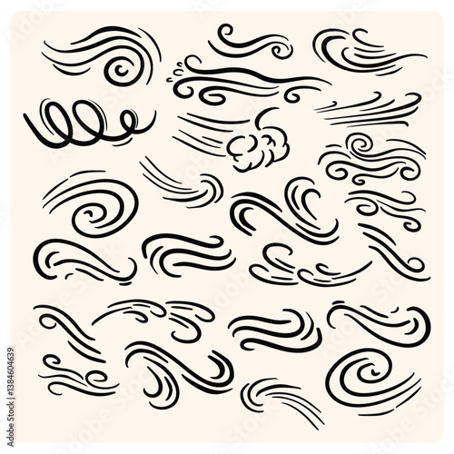 Doodle wind air motion depicts invisible dance of blowing wind, gentle motion of air with flowing lines and swirl