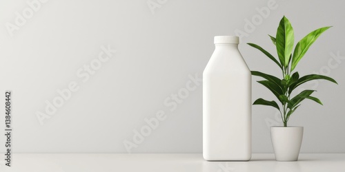 Minimalist Interior Featuring White Milk Bottle and Green Plant in Pot Against Light Gray Background