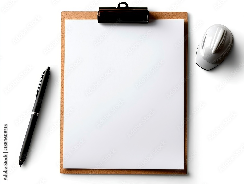 Blank Clipboard Pen and Miniature Hardhat on White Blank Clipboard Pen and Miniature Hardhat on White
