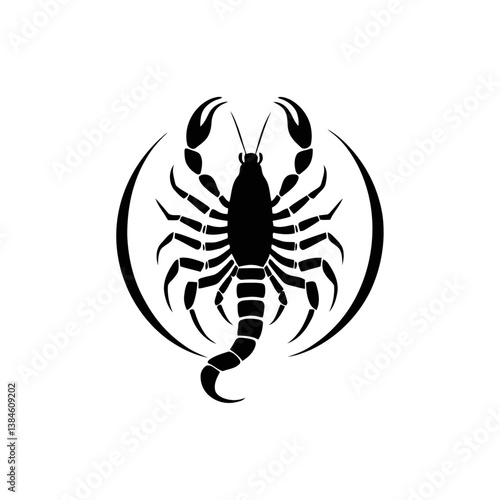 A black and white vector silhouette of a scorpion with raised pincers and a curved stinger tail, positioned boldly on a white background.