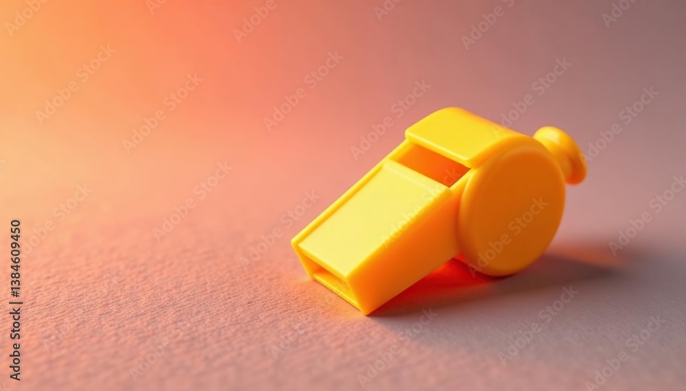 Bright yellow plastic whistle, textured surface, signal, white background, sound Bright yellow plastic whistle, textured surface, signal, white background, sound