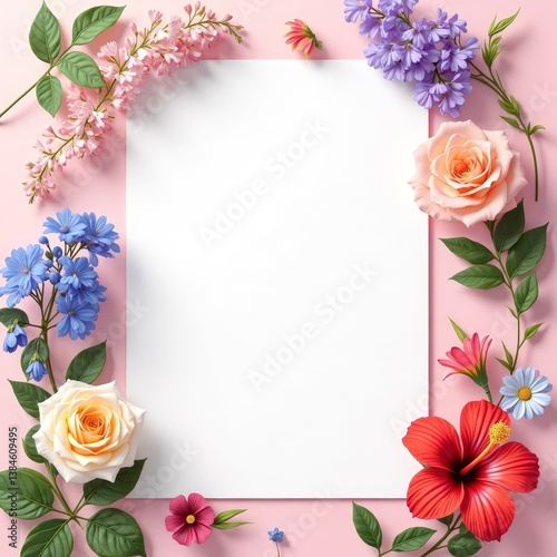 Wallpaper Mural Floral Frame: A vibrant floral frame, meticulously arranged with blossoms, leaves, and verdant foliage, embraces a blank canvas, offering an ideal setting for conveying messages of spring. Torontodigital.ca