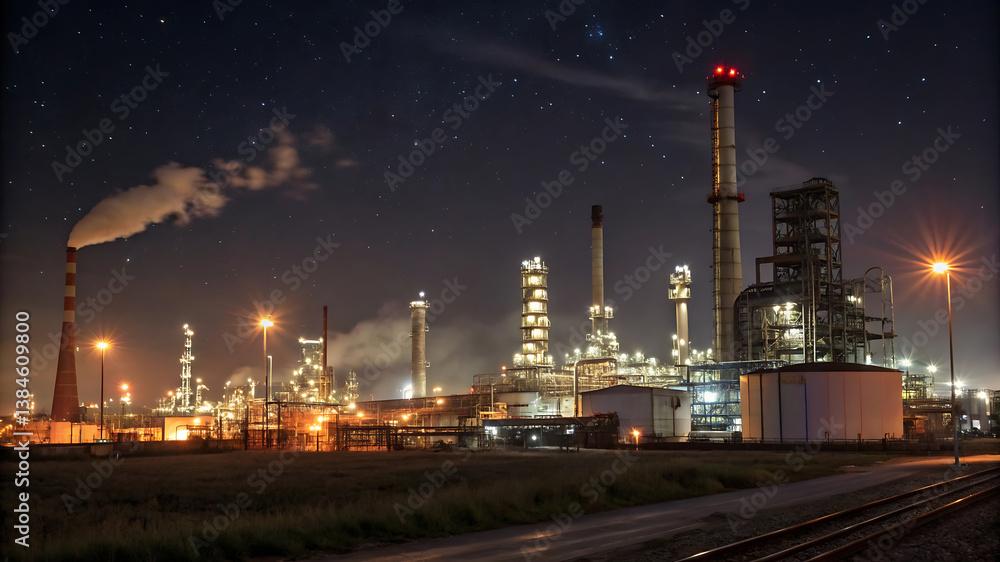 Fototapeta premium Night View of an Illuminated Oil Refinery Complex