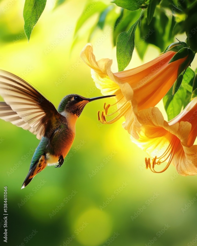 Fototapeta premium A hummingbird drinks nectar from a flower