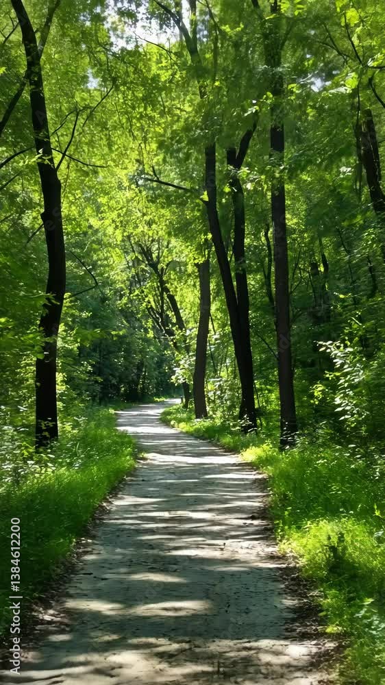 Walking path through a lush green forest in early afternoon light inviting exploration and tranquility Walking path through a lush green forest in early afternoon light inviting exploration and tranquility