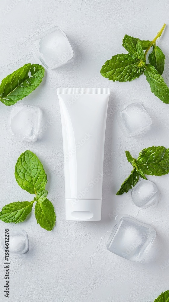 Obraz premium Minimalistic Composition of White Tube Surrounded by Fresh Mint Leaves and Ice Cubes on Gray Background