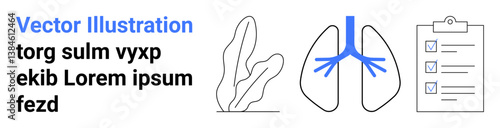 Human lungs with highlighted bronchi, minimal plant outline, and checklist. Ideal for healthcare, wellness, biology, environmental health, diagnostics, medical education simple landing page