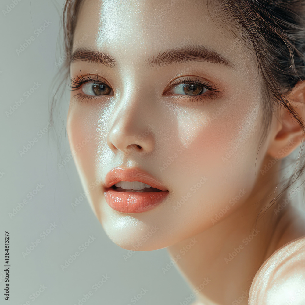 Fototapeta premium close up portrait of young woman with flawless skin, soft makeup, and natural beauty. Her glowing complexion and expressive eyes convey sense of freshness and elegance