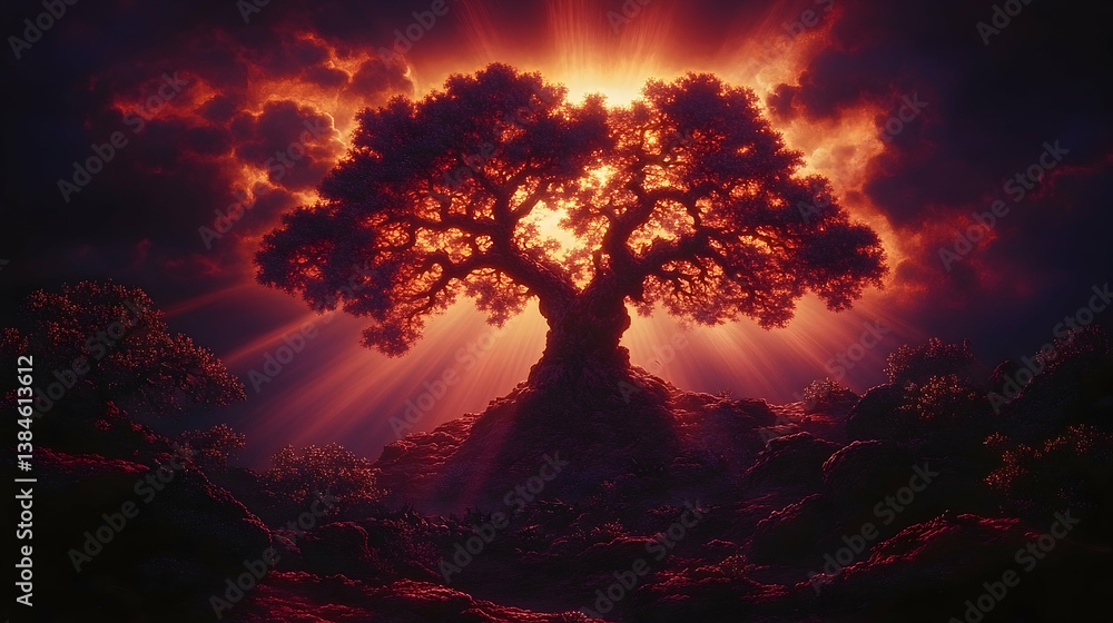 Fototapeta premium A majestic tree illuminated by brilliant light and dramatic clouds