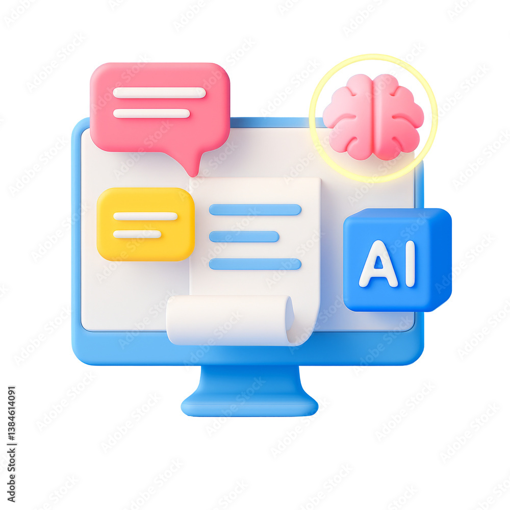 Colorful 3D illustration of a computer screen displaying chat bubbles, a brain icon, and an AI symbol on a transparent background Colorful 3D illustration of a computer screen displaying chat bubbles, a brain icon, and an AI symbol on a transparent background