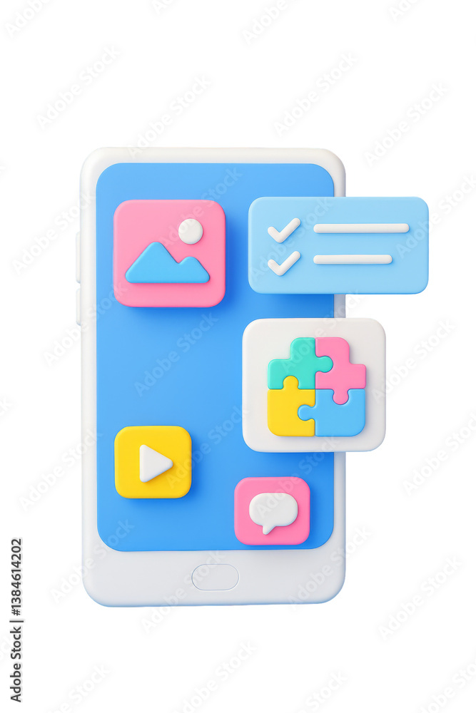 Colorful 3D rendered mobile device icon with various application symbols displayed prominently on a clear background