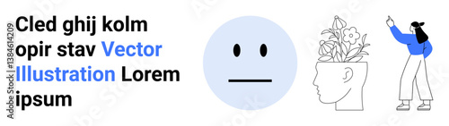 Neutral face emotion, plant growing from human head symbolizing creativity, person pointing upward. Ideal for emotions, mental health, self-growth, ideas, mindfulness, creativity simple landing page