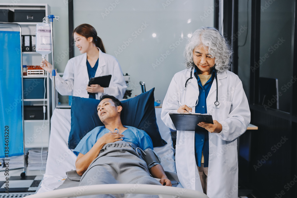 Obraz premium Nurse giving assistance to senior patient with disease in bed. Medical assistant and doctor doing healthcare checkup for pensioner with oxygen tube and IV drip bag in hospital ward.