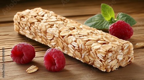 Oatmeal Bar with Raspberries, and Wooden Table.