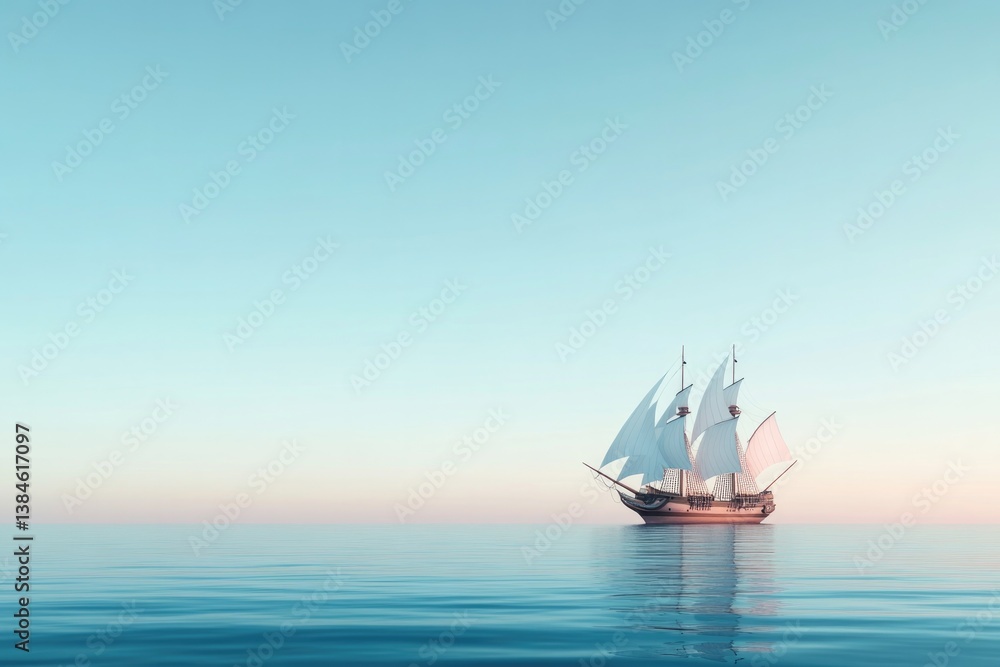 majestic pirate ship with billowing sails on calm sea captured in minimalistic and clean composition majestic pirate ship with billowing sails on calm sea captured in minimalistic and clean composition