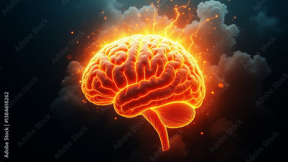 Fototapeta premium A human brain engulfed in flames, symbolizing intense creativity, passion