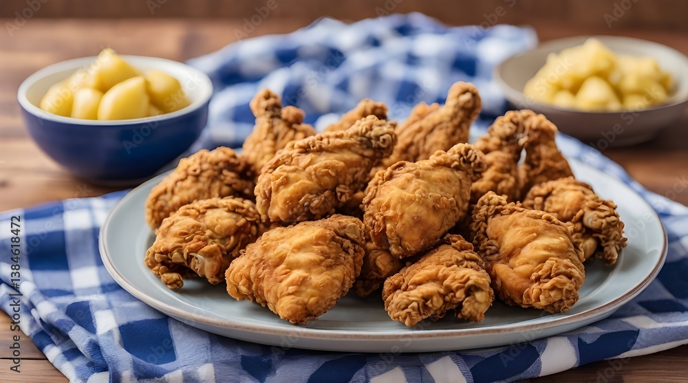 Plate of Fried Chicken on Blue Plaid Tow.generative.ai