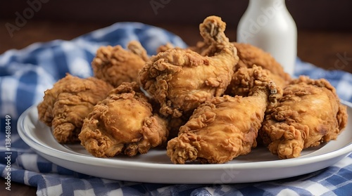 Obraz na płótnie Plate of Fried Chicken on Blue Plaid Tow.generative.ai w salonie
