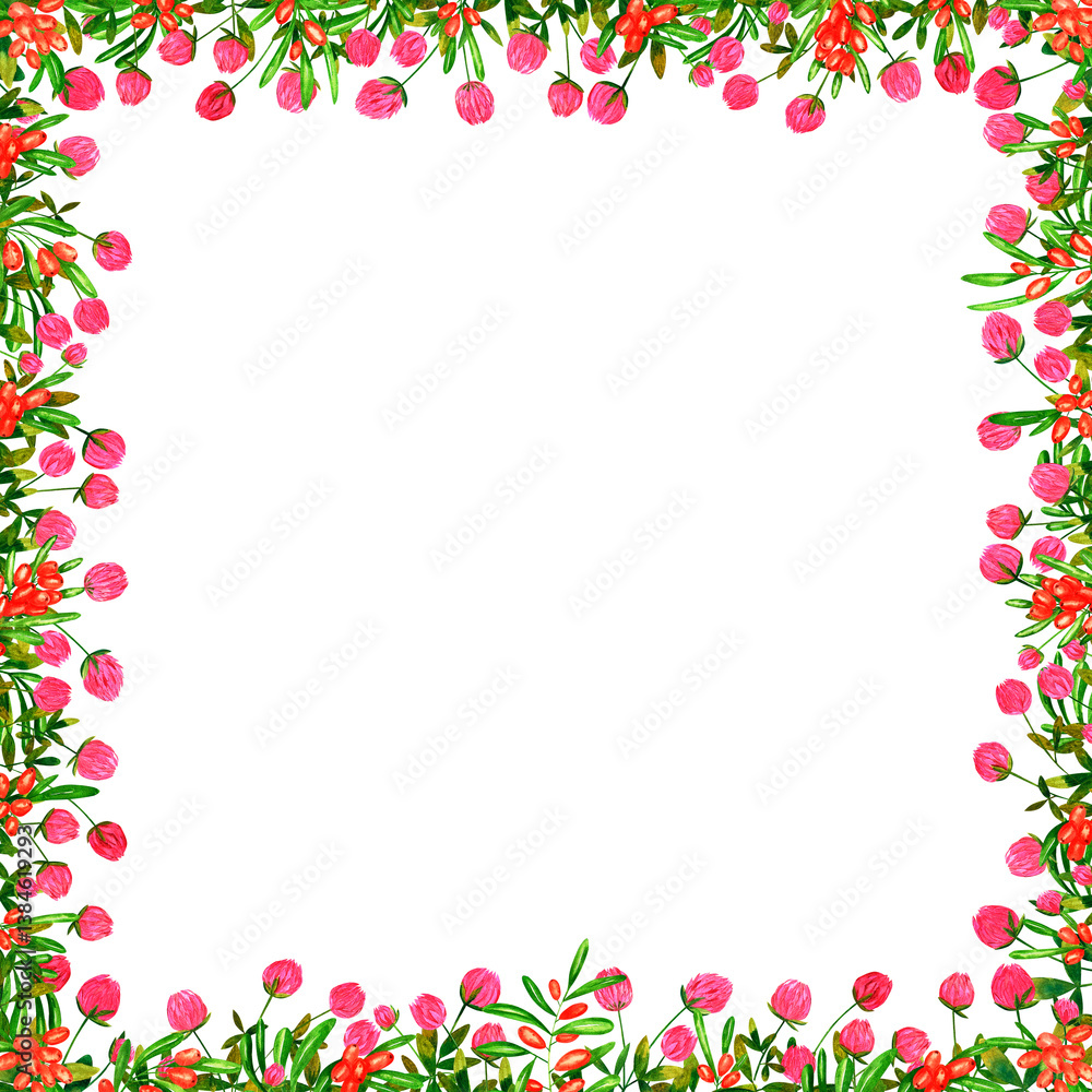 Watercolor wreath on white background. Summer round frame with clover and sea buckthorn. Perfect for postcard, poster, invitations, wedding, birthday. Watercolor wreath on white background. Summer round frame with clover and sea buckthorn. Perfect for postcard, poster, invitations, wedding, birthday.