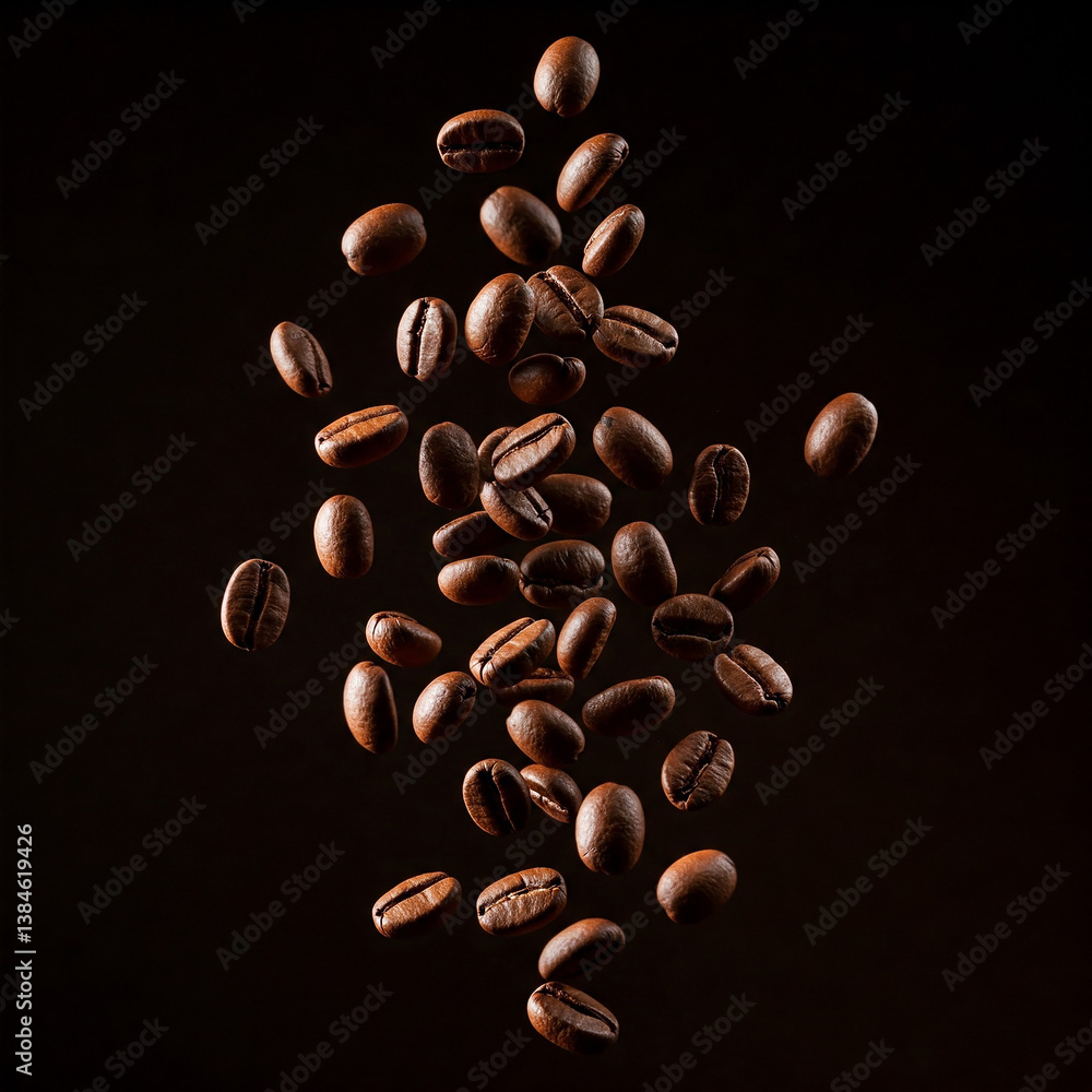 Obraz premium coffee beans on black background. Coffee beans in flight on a dark background. flying coffee beans.