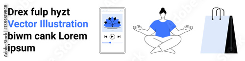 Smartphone playing wellness app, person meditating cross-legged, and shopping bag representing relaxation, mindfulness, and consumerism. Ideal for balance, health, lifestyle, mobile app yoga
