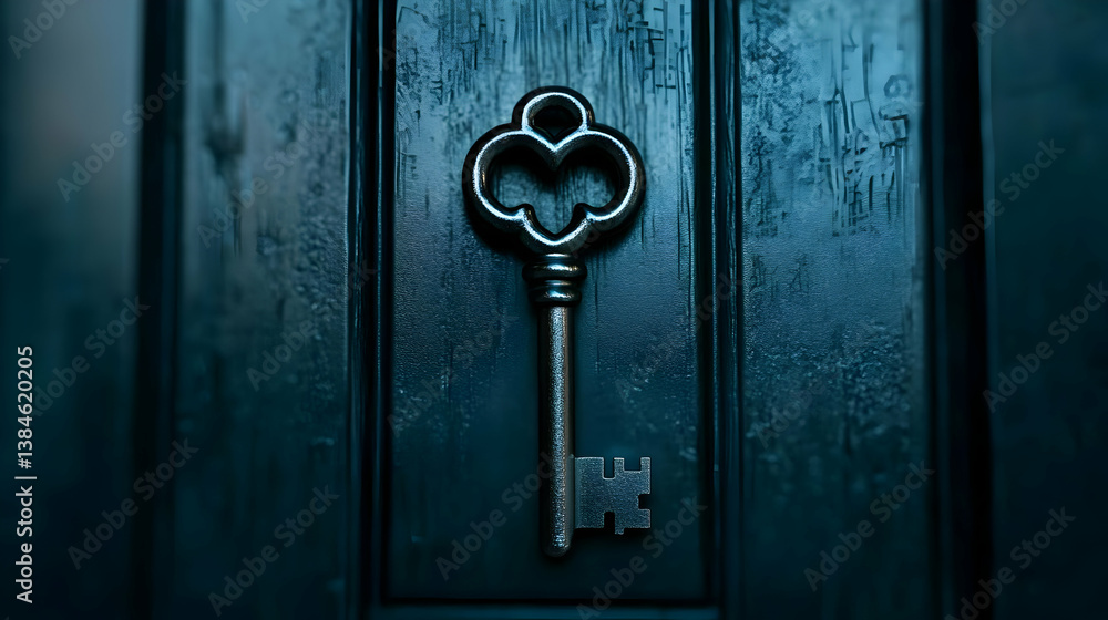 Fototapeta premium Vintage Key on Wooden Door with Unique Design and Texture