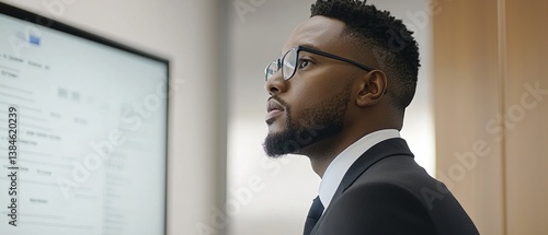 A focused man in a suit looks towards a screen, displaying a document, suggesting a professional or business environment.