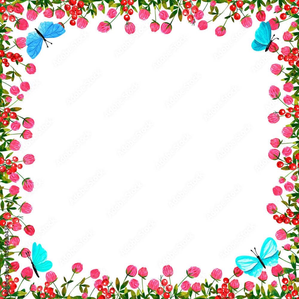 Square frame with clover, dragonfly, red currant, bumblebees and butterflies. Hand drawn watercolor berries. Design for paper, background, menu, poster, textile, wallpaper, business cards. Square frame with clover, dragonfly, red currant, bumblebees and butterflies. Hand drawn watercolor berries. Design for paper, background, menu, poster, textile, wallpaper, business cards.