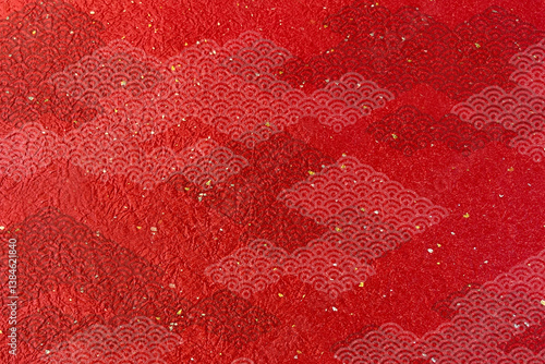 日本伝統の朱色の和紙　金粉と銀粉が舞う和柄デザイン