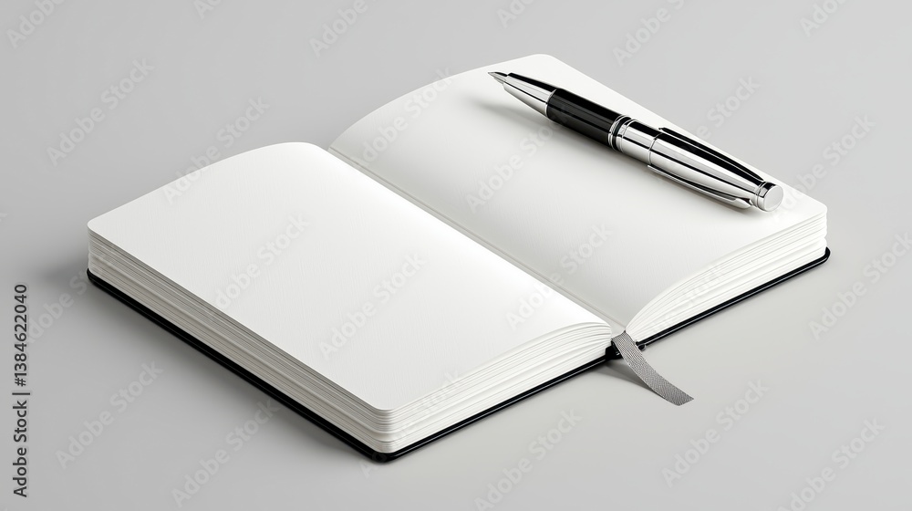 Open Blank Notebook with Black and White Pen on Clean Gray Surface Open Blank Notebook with Black and White Pen on Clean Gray Surface