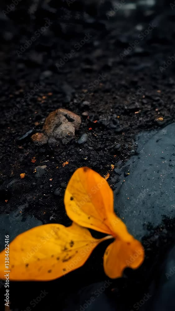Leaf stands out against dark stones, showcasing nature's resilience in a contrasting landscape Leaf stands out against dark stones, showcasing nature's resilience in a contrasting landscape