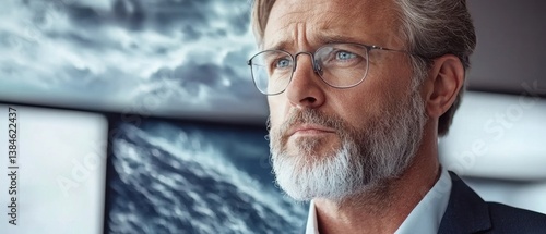 A thoughtful man with glasses and a beard gazes into the distance, surrounded by dramatic imagery of stormy seas in a modern setting.