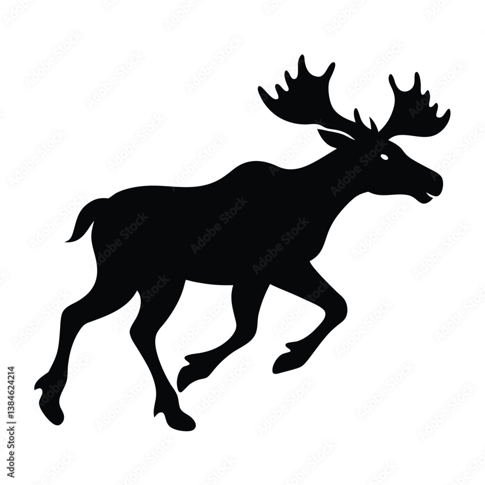 Obraz premium Silhouette Of A Running Moose Vector Graphic In Black And White background.