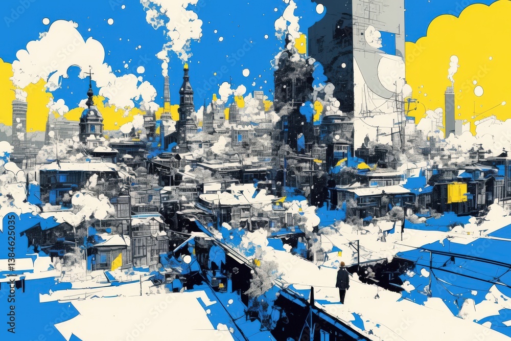 Obraz premium Cityscape view with old buildings, smoke stacks, snowy, painted style