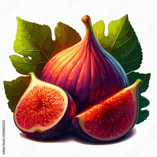 ripe fig fruit displayed with green leaves  